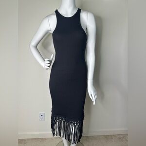 FRENCH CONNECTION BLACK RIBBED FRINGE MIDI TANK DRESS SZ S NWOT